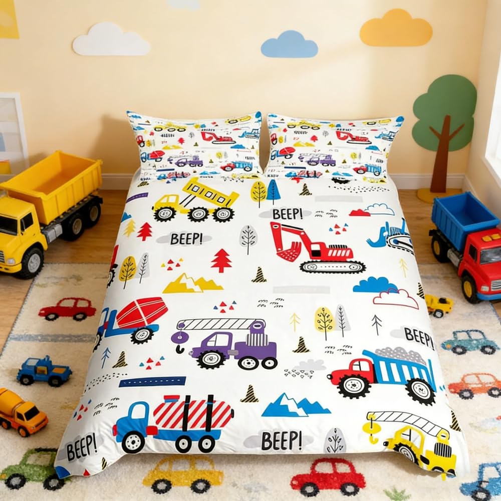 Kids Construction Truck Duvet Covet Double Boys Cartoon Cars Toddler Bedding Set Machinery Excavator Tractor Equipment Comforter Cover Cute Vehicles Red Blue Yellow Quilt Cover with 2 Pillowcases — image 1