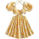 Floerns Women's Summer Boho Mini Dress Cut Out Tie Back Puff Sleeve Floral Beach A Line Dresses
