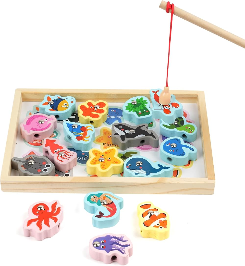 Vicloon Wooden Fishing Game 19Pcs Magnetic Bead Rod Toy Montessori 3+ Kids