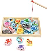 Vicloon Wooden Fishing Game 19Pcs Magnetic Bead Rod Toy Montessori 3+ Kids