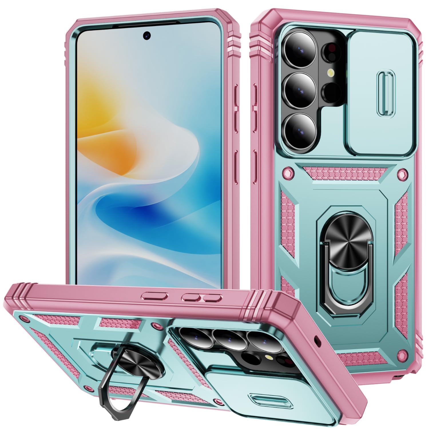 CHLINGNAN for Samsung Galaxy S26 Ultra Case with All-Angle Rotating Kickstand & Sliding Camera Cover - Heavy Duty Shockproof Protective Cover, Green Pink