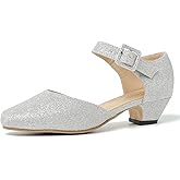 LIURUIJIA Women's Closed Toe Low Chunky Heel Pumps Ankle Strap Dress Shoes for Work Wedding Party Glitter Silver 44 US 10.5