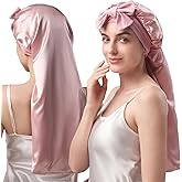 YFONG Double-Layered 100% Pure Mulberry Silk Bonnet for Long Hair, 22 Momme Silk Hair Bonnet for Sleeping with Elastic Tie Band, Real Silk Sleep Cap for Women Long Curly Hair, Pink