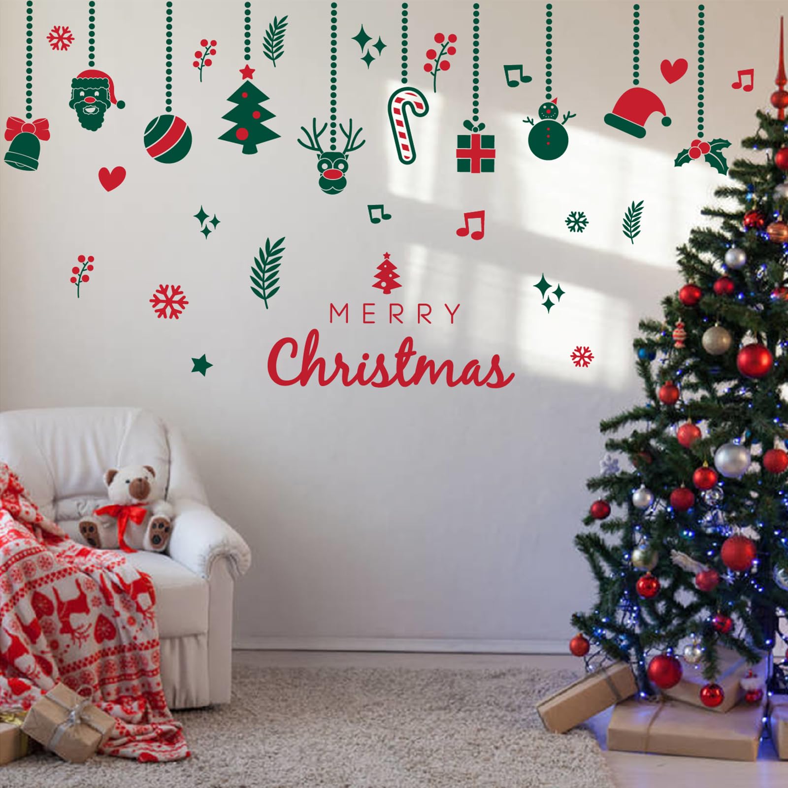 Merry Christmas Wall Decals Red Xmas Tree Snowflake Wall Stickers Removable Peel and Stick Art Murals for Bedroom Nursery Classroom Kids Room Christmas Party Decoration (Green)