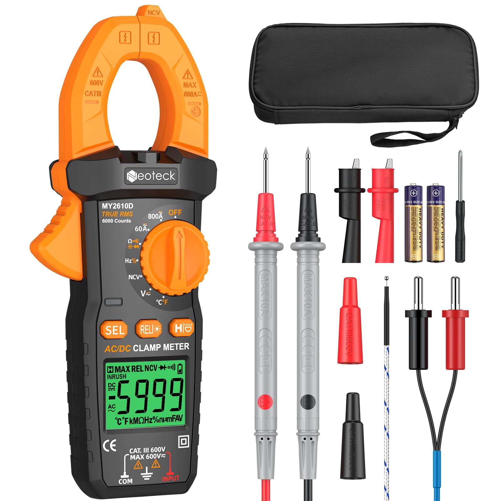 Neoteck Digitales Stromzangenmessgerät TRMS 6000 counts 800A AC/DC Strom AC/DC Spannung NCV Durchgang Kapazität Widerstand Frequenz Diode Test