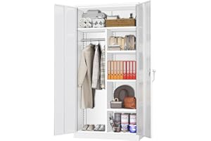 Greenvelly Metal Storage Cabinet Locker with Lock Door, White 72” Locking Steel Storage Wardrobe Cabinet, Employees Locker Closet Clothing Coat Steel Wardrobe with Hanging Rod for Garage, Home Office