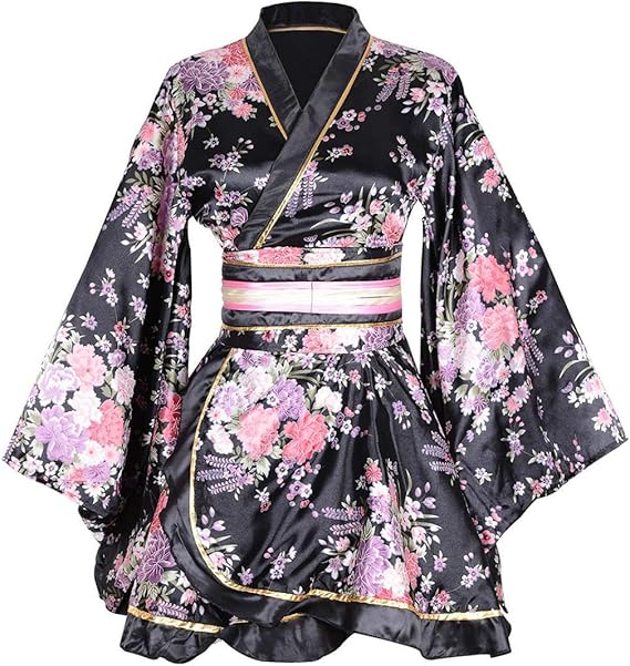 Women's Floral Shorts Kimono Robe Flower V neck Obi Belt Bathrobe ...