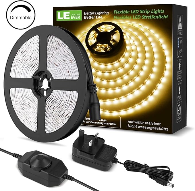LE Dimmable LED Strips Lights Kit, 5M 1200lm, Warm White 3000K, 300