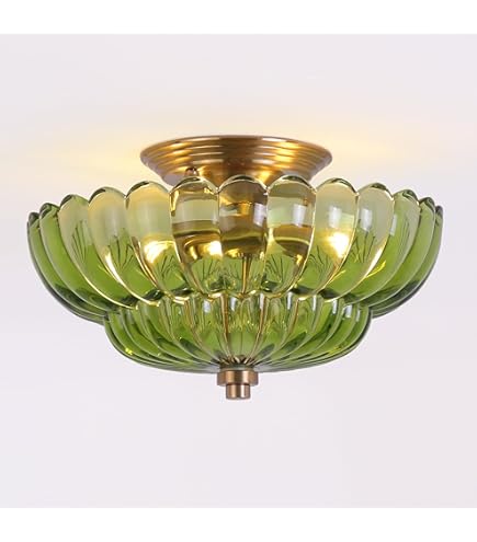 LIGHTLAND 15" Milk Glass Semi-Flush Mount Ceiling Light - Vintage Style Chandelier For Kitchen, Bedroom, Hallway (Green/Gold)