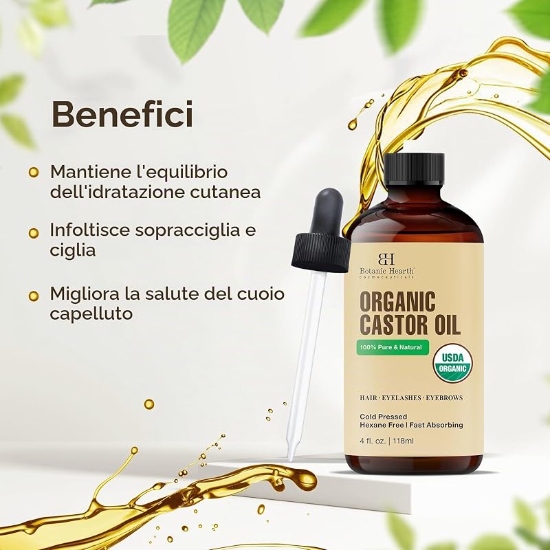 Olio di ricino biologico certificato USDA, 100% puro e senza esano, pressato a freddo, crescita per ciglia, sopracciglia, capelli, con pennello per sopracciglia e ciglia, 118,3 ml