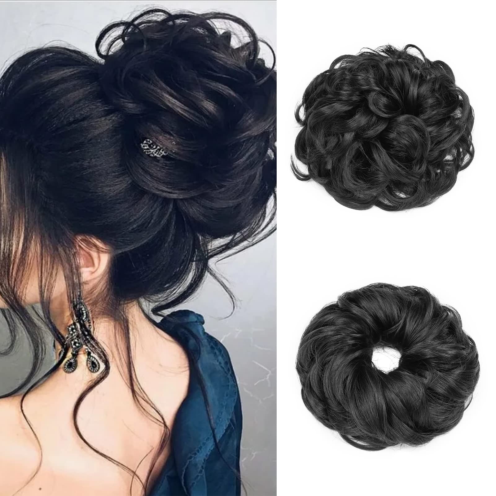 Cybelleza Messy Bun Hair Piece Curly Hair Scrunchies Thick Messy Hair Bun Updo Hairpiece Synthetic Ribbon Ponytail Extensions Donut Chignons Wavy Wig for Women Girls, 35g Black