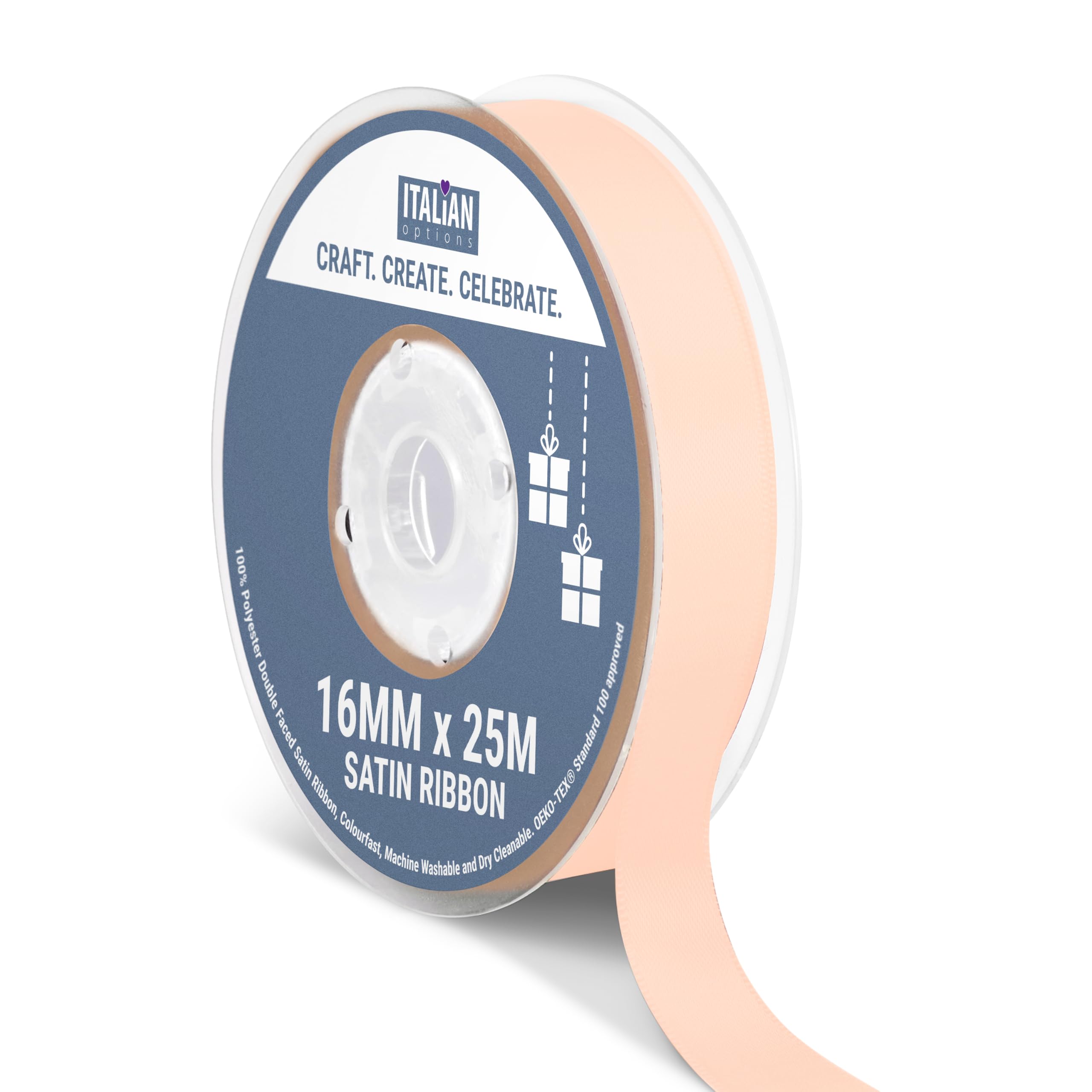 Italian Options Satin Ribbon, Fabric Ribbons for Gift Wrapping, Crafting, Balloons, Wedding Car, Presents, Cake, Christmas, Birthday, Gift Wrap Accessories, 16mm Wide x 25 Metre Roll, Peach