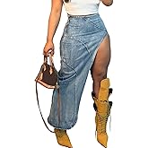 Women's Denim Skirt Casual High Waisted Asymmetrical Front Slit Frayed Hem Skirt A Line Maxi Cargo Jean Skirt Streetwear