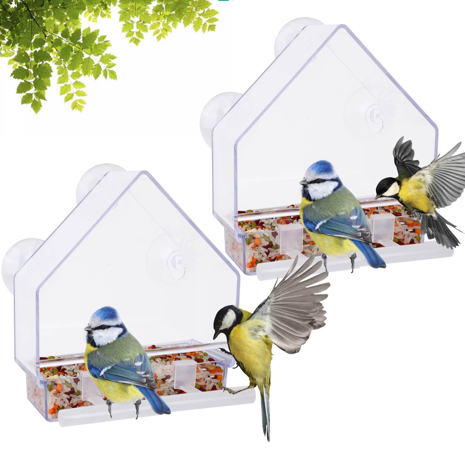 Window Bird Feeder 2 Pack, Bird House for Outside, Window Bird Feeder with Strong Suction Cups and Removable Seed Tray with Drain Holes. Outdoors Birdfeeder for Wild Birds, Cardinal, Bluebird
