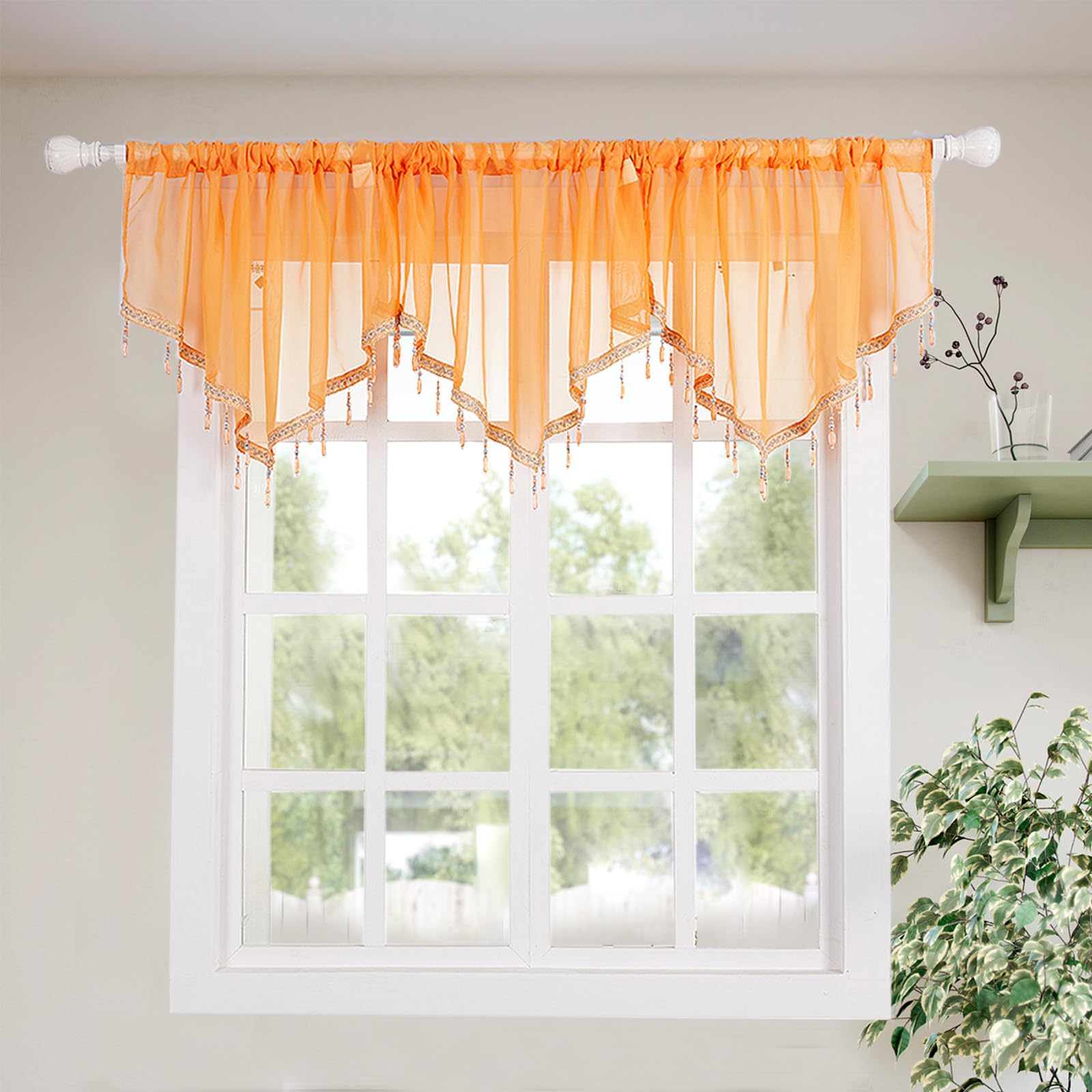 Molaxhome Lace Valance Swag Curtain 51 Inch Scalloped Sheer Curtain Panels with Crystal Beads - Rod Pocket Farmhouse Window Treatment for Kitchen Bedroom 1pc Boho Chic Drape Decor Orange