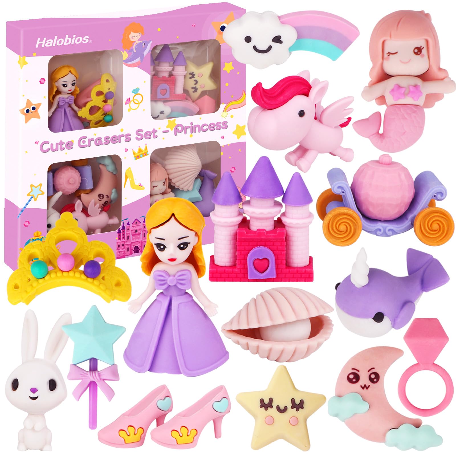 Halobios Erasers Set for Kids, Princess Castle Pencil Eraser Bulk for Kids, Take Apart Puzzle Erasers for Classroom Prizes, Game Reward, Egg Fillers, Back to School Gift for Boys and Girls Desk Pet