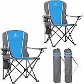 LET'S CAMP Oversized Outdoor Folding Camping Chair, 2 Pack Heavy Duty Arm Chairs with Cup Holder and Storage Bag, 350 LBS Weight Capacity, Blue