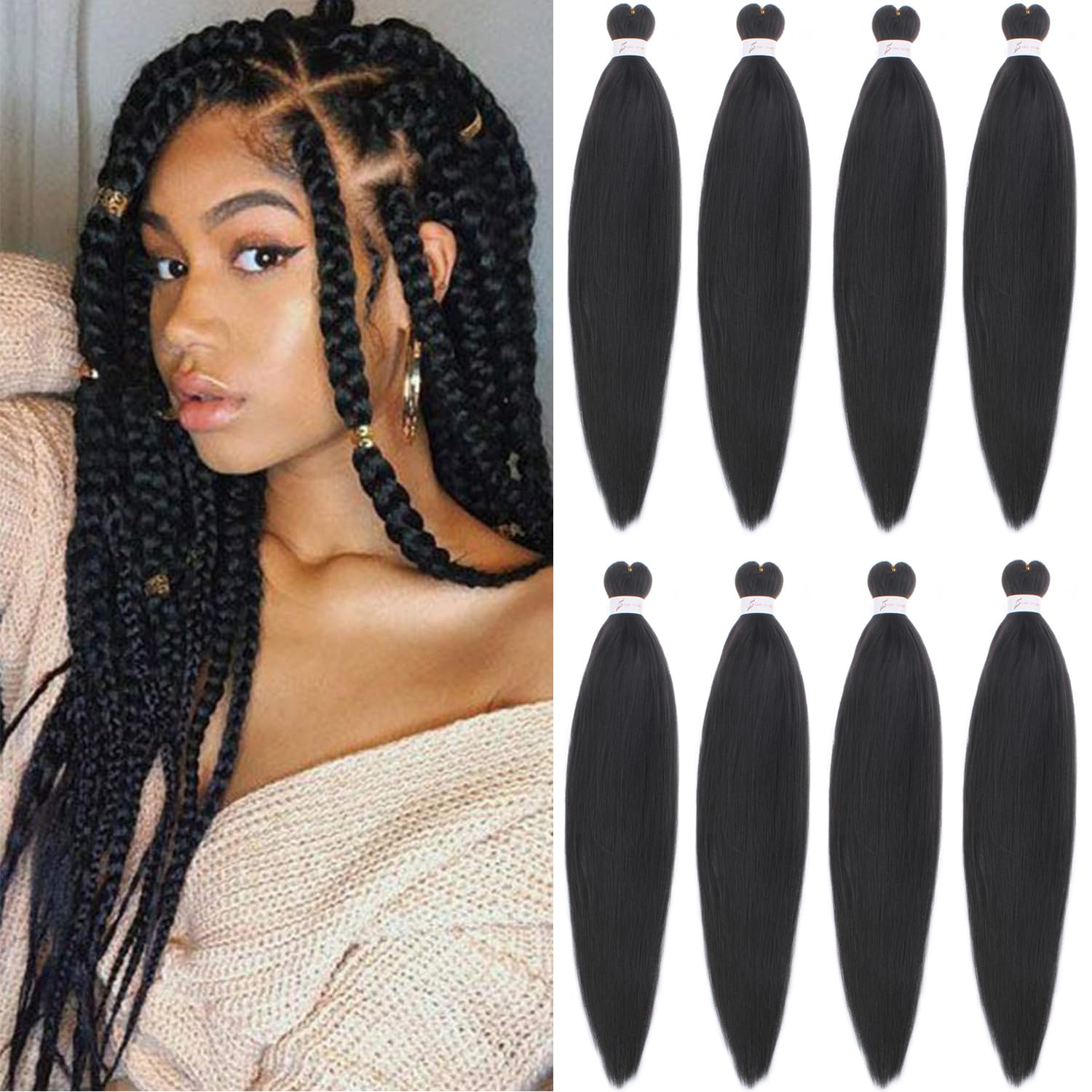 Mscat 26 Inch 8 Packs Pre Stretched Braiding Hair Black Pre Stretched Braiding Professional Synthetic Prestretched Crochet Braids Hair Extension Hot Water Setting Yaki Texture (2#) — image 1