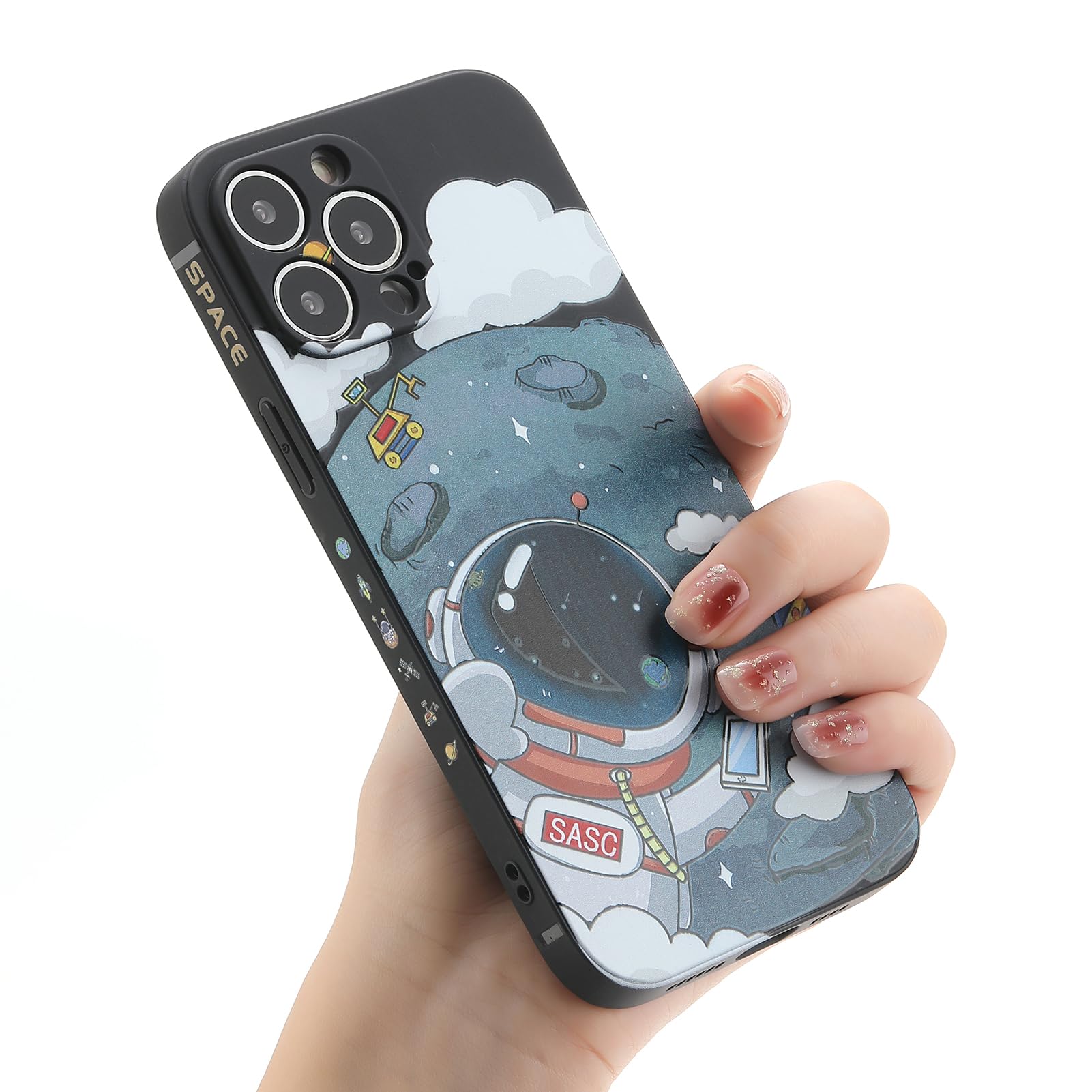 Yonds Queen for iPhone 15 Pro Cute Case, Cool Cartoon Astronaut Planet Moon Space Design Stylish Soft TPU Bumper Shockproof Anti-Slip Protector Fashion Case (Black Moon, iPhone 15 Pro) — image 1