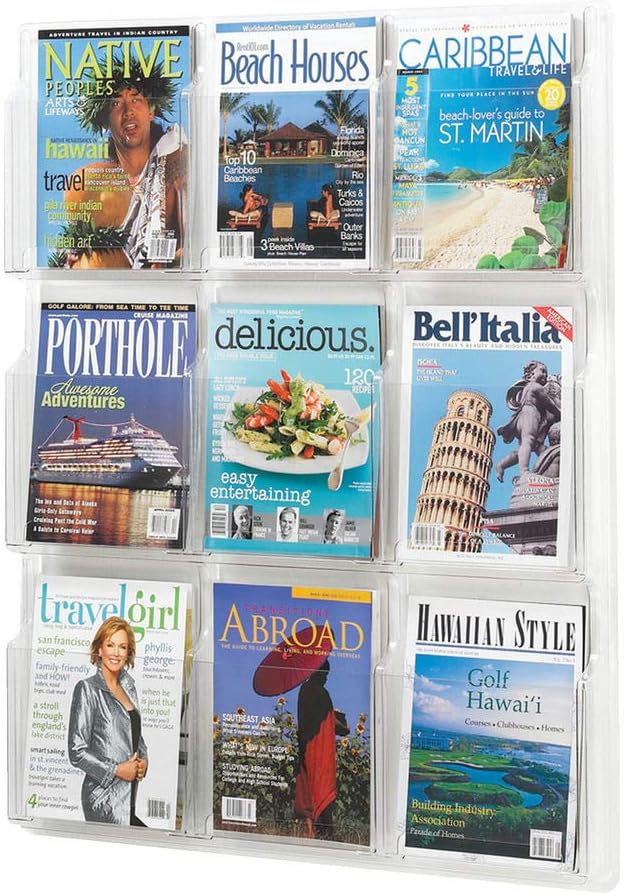 Safco Reveal Literature Rack, 9 Compartments Magazine Holder, Wall-Mounted Brochure Organizer, Acrylic, Clear