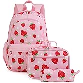 Unineovo Strawberry Backpack for Girls, Kids School Bookbag Set, Elementary Primary School Book Bag with Lunch Bag Pencil Case