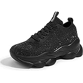 LUCKY STEP Women's Chunky Rhinestone Sneaker Sparkly Bling Bedazzled Mesh Slip on Elastic Sock Glitter Shiny Rave Walking Shoes