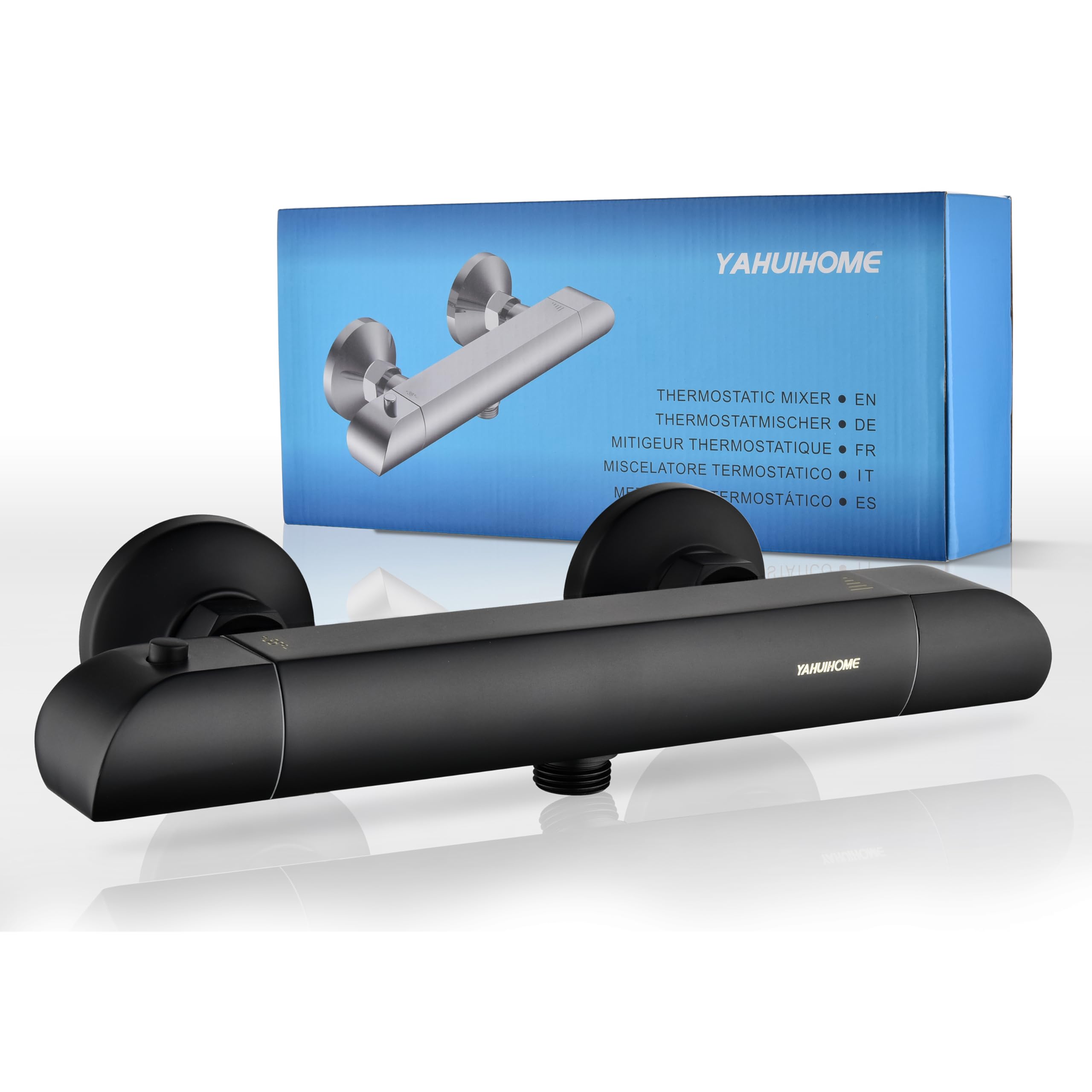 YAHUIHOME Black Thermostatic Shower Mixer, Wall Mounted Thermostatic Shower Mixer Bar Valve 38 °C Safty Anti Scald, Modern Solid Brass Hot Cold Water Mixer Constant Temperature Control for Bathroom