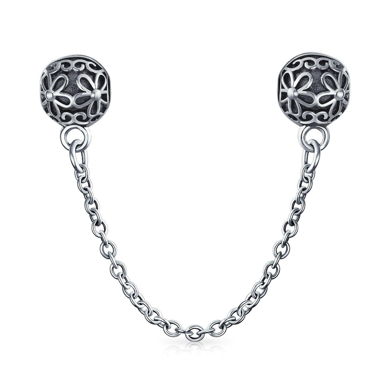 Bling Jewelry Double Daisy Safety Chain Floral Bouquet Clasp Stopper Bead Charm For Women .925 Sterling Silver Fits European Bracelet