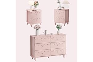 Anbuy Scalloped 6 Drawer Dresser and Night Stand Sets for Bedroom, Two Drawers Nightstand Set of 2 & 6 Drawer Dresser Combo 3 Pieces (Pink)