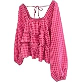 SHENHE Women's Plaid Long Puff Sleeve Ruffle Peplum Tie Back Blouse Cute Going Out Checkered Shirts