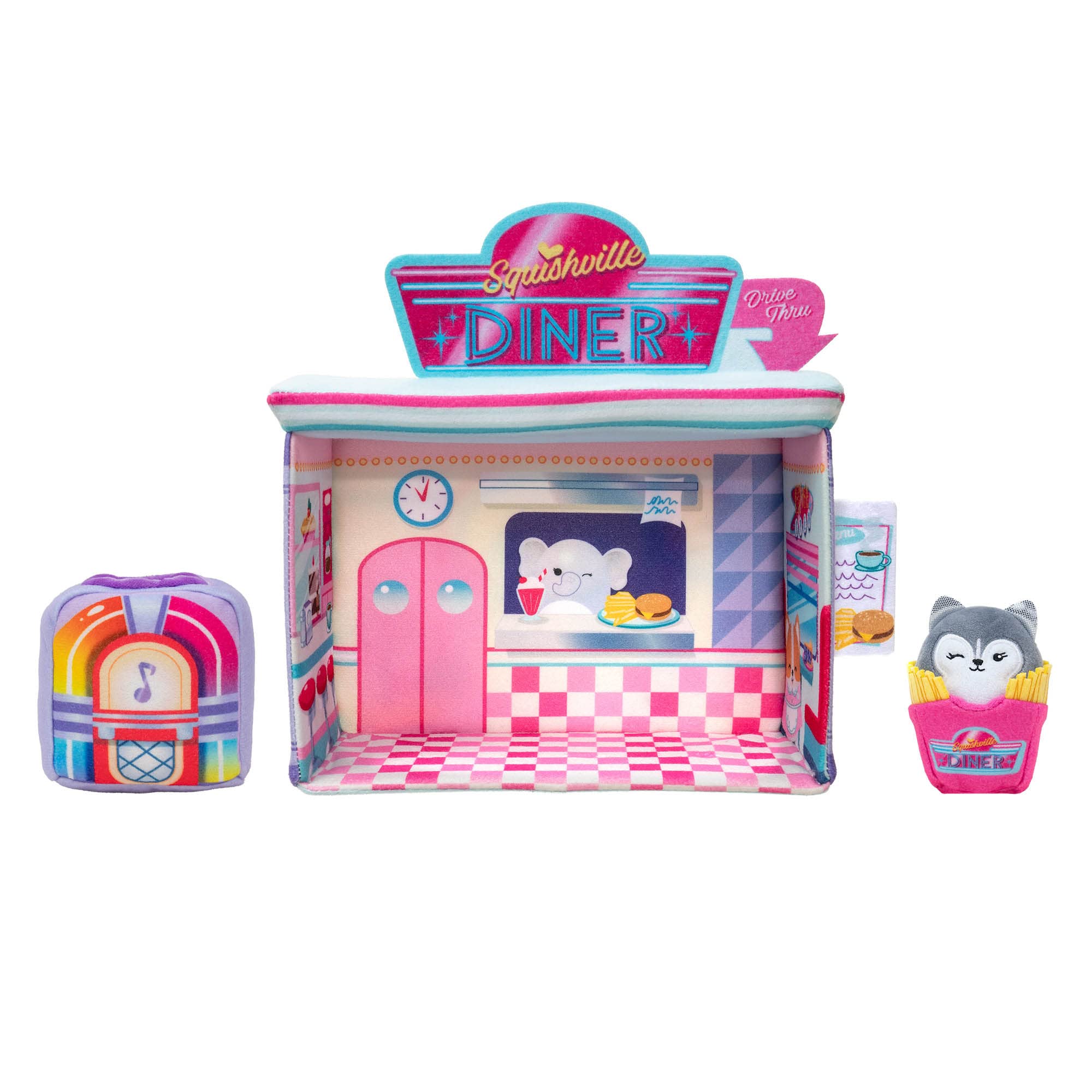 Squishville by Original Squishmallows Darling Diner Playset - Includes 2-Inch Heidi the Husky Plush, Jukebox, French Fries, and Diner Playscene - Toys for Kids