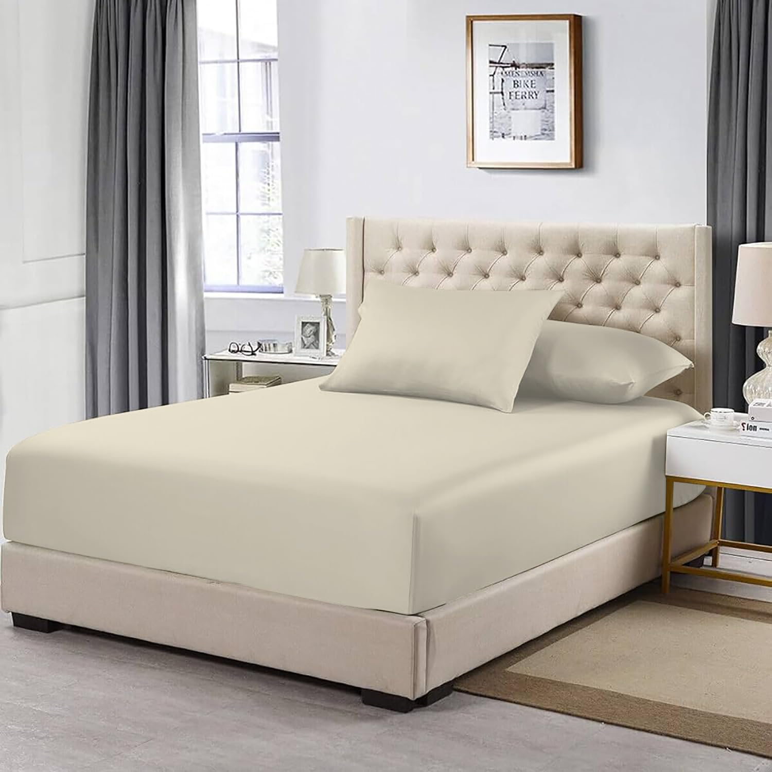 MistyMorning Extra Deep Fitted Sheet 16''/40cm, Egyptian Cotton bed sheets with 200 Thread Count, Soft & Premium quality Bedding & Linen (Cream, Single)