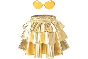 Perfashion Girls' Sparkle Metallic Skirts Layers Ruffle Sequin Tutu Dance Skirt with Sunglasses for Kids 6-15 Years
