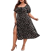 Floerns Women's Plus Size Floral Print Tie Front Square Neck Slit Hem Midi Dress