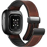 WestEagle Magnetic Leather Bands Compatible with Fitbit Versa 4/Versa 3/Sense 2/Sense Women Men, Magnetic Clasp Wristband Accessory, Adjustable Soft Replacement Fitbit SmartWatch Strap-Dark Brown