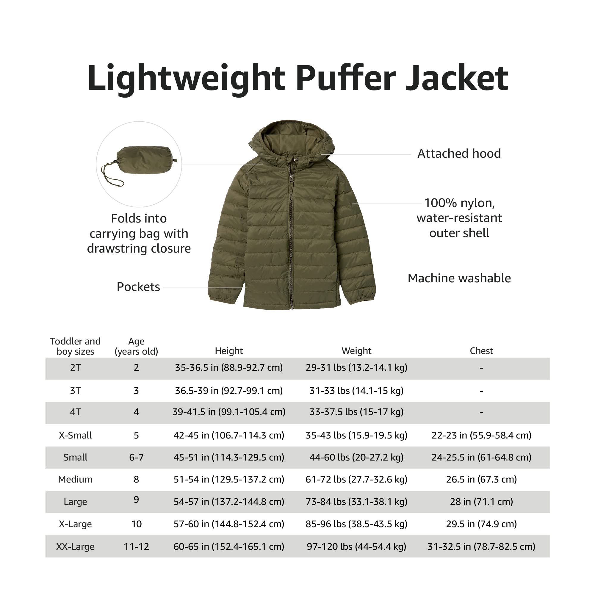 Amazon Essentials Boys and Toddlers' Lightweight Water-Resistant Packable Puffer Jacket