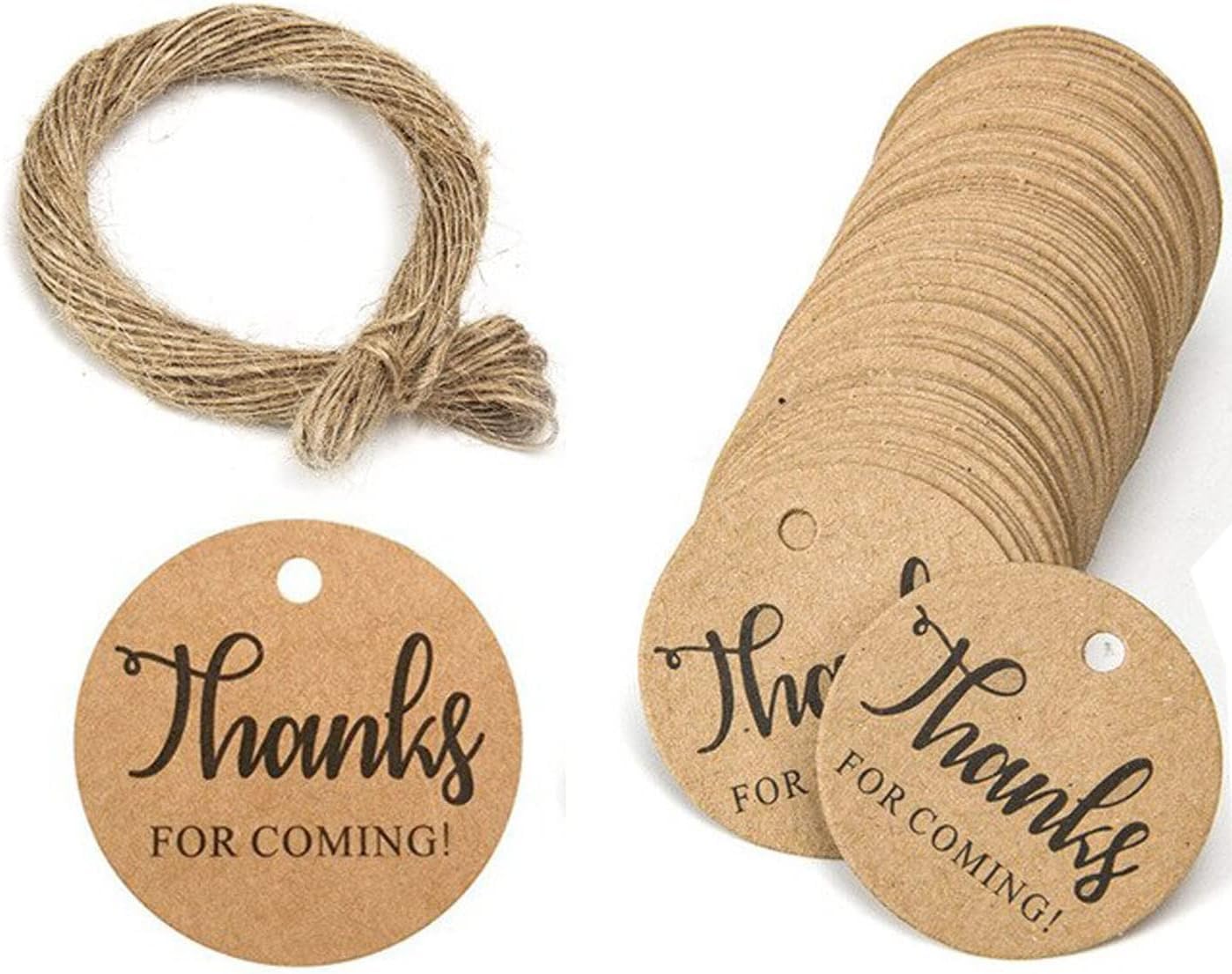 GENDA Thanks for Coming Brown Gift Tags with String Handmade Kraft Paper Card 5cm Diameter, 100pcs Luggage Tag Labels Craft Price Tags with Free 30 Meter Jute String DIY (Round - Thanks for Coming)