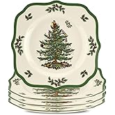Spode Christmas Tree Scalloped Salad Plates (Set of 4) - Holiday-Themed Stoneware Appetizer Plate - 9 Inch Christmas Dinner Dish - Colorful Gifts & Mistletoe Accents - Dishwasher & Microwave Safe