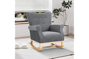 Rophefx Nursery Rocking Chair, Velvet Upholstered Glider Rocker Rocking Accent Chair with High Backrest for Mom, Baby, Nursery Bedroom and Living Room (Grey)