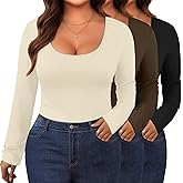 Evervibe 3 Pack Women's Plus Size Long Sleeve Shirts Scoop Neck Slim Fitted Top Casual Stretchy Base Layer Undershirts