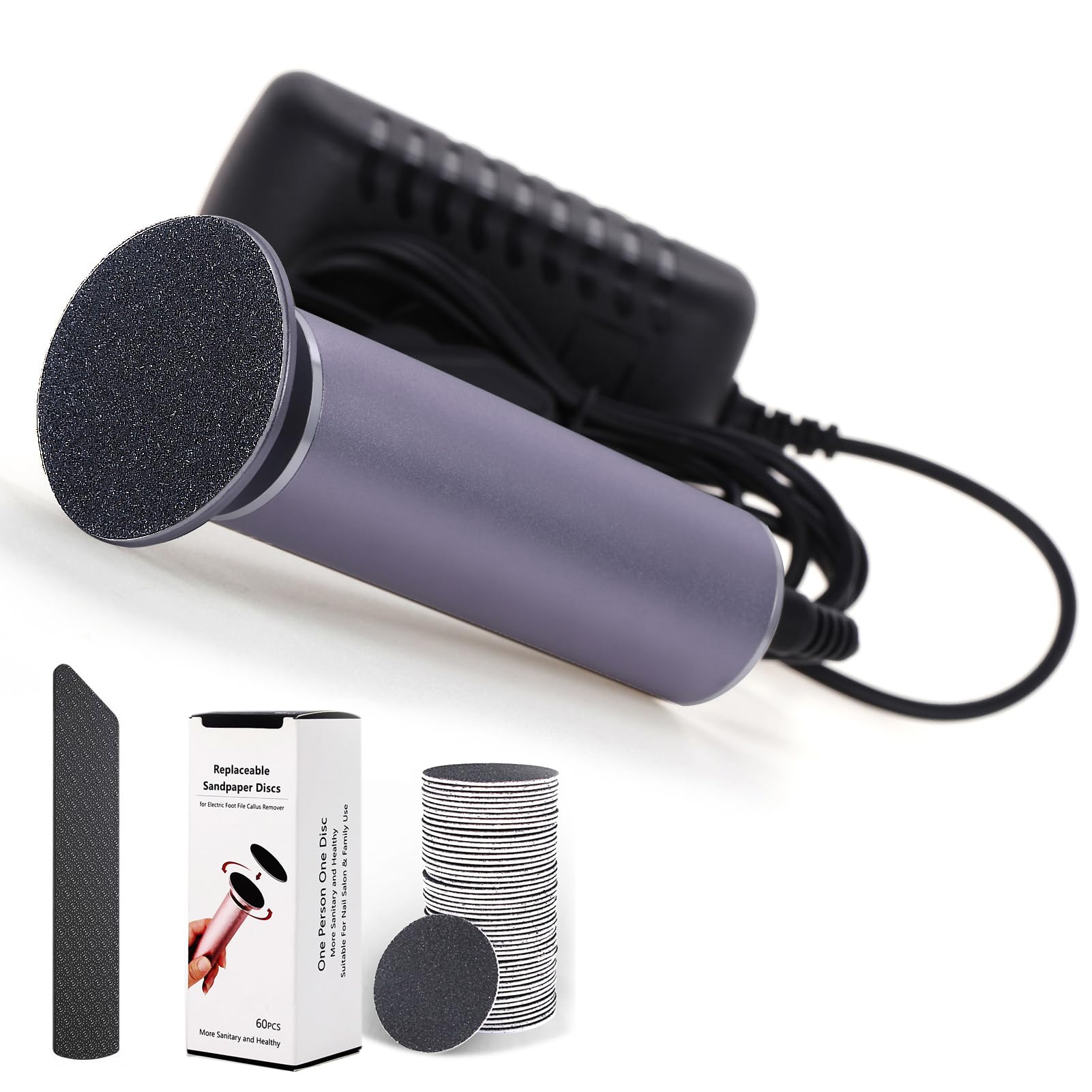 Electric Foot File Hard Skin Remover, Professional Callus Remover Foot Grinder Pedicure Tools with 60 Sandpaper Discs and Glass Foot File for Dead Skin Dry Skin, Multi-Speed Adjustable (Gray)