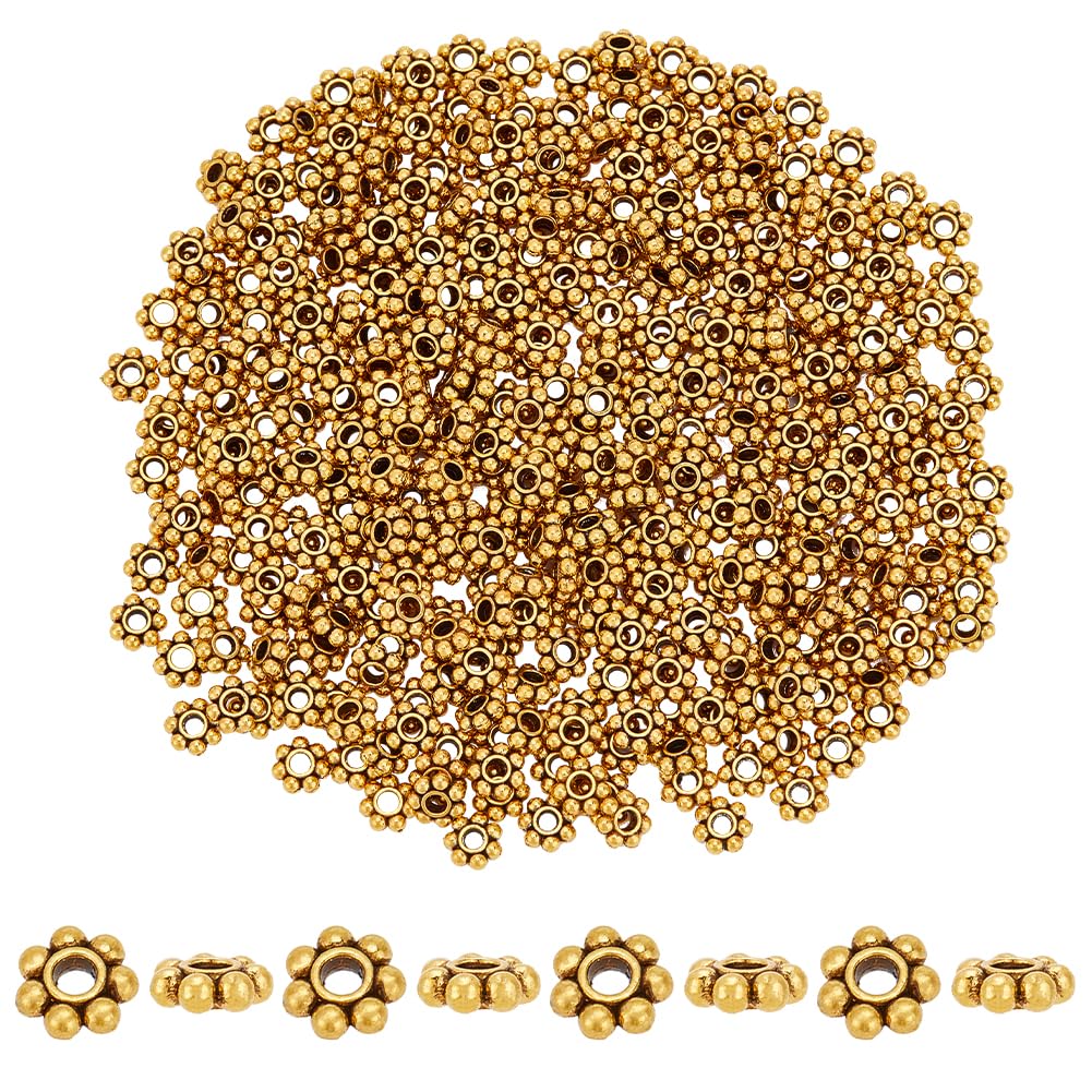 PH PandaHall 300PCS Tibetan Flower Spacer Beads, 6mm Antique Golden Alloy Daisy Beads Snowflake Loose Beads Jewellery Spacer Charms for Bracelet Necklace Earring Jewellery Making Supplies