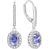 YL 925 Sterling Silver Halo Solitaire Dangle Drop Earrings Oval Cut Birthstone Leverback Earrings Jewelry for Women