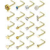 Tornito 20G 20Pcs Nose Ring CZ Nose Stud Retainer L Bone Screw Shaped Nose Piercing Jewelry Set for Women Men Stainless Steel Rose Gold Tone
