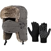 SATINIOR 2 Pcs Winter Trapper Hat and Gloves for Men Warm Ushanka Hat with Ear Flaps Mask Hunting Fuzzy Cap Touchscreen Glove