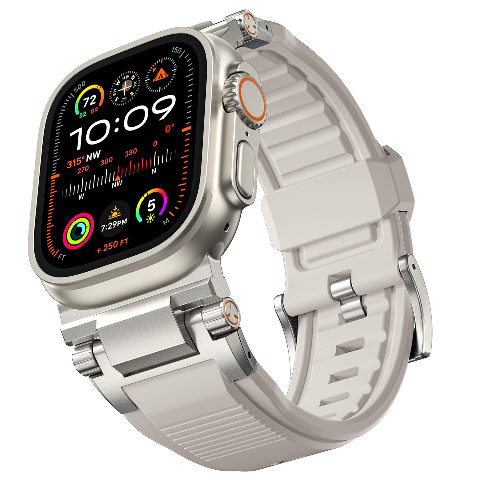 Bandletic R-Steel Strap Compatible with Apple Watch Ultra 3/2/1 49mm,Stylish Robust FKM Replacement Band for iWatch Series 11/10 46mm 9/8/7 45mm SE/6/5/4 44mm 3/2/1 42mm with Metal Connector,Starlight