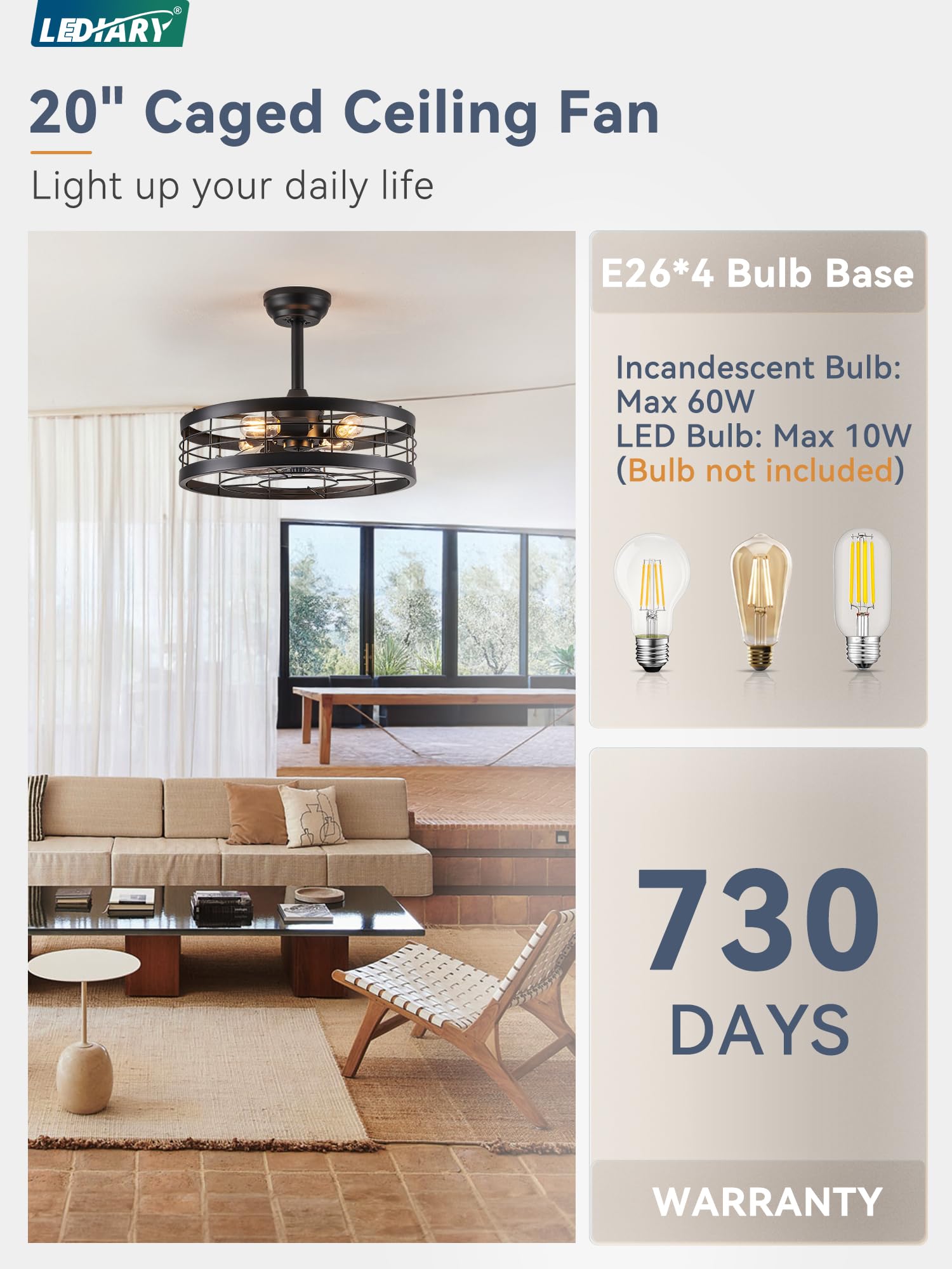 LEDIARY 20 inch Fandelier Caged Ceiling Fan with Light, Bladeless Ceiling Fan with Remote, Farmhouse Fan Lights Ceiling Fixtures for Kitchen, Bedroom, Outdoor(6 Speed, Timing)-Black