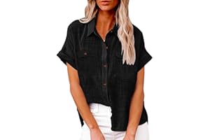 Binmer Womens Cotton Linen Button Down Shirt 2024 Fashion Plus Size Blouse Summer Casual Loose Dressy Short Sleeve Tops S-5XL