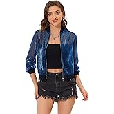 Allegra K Glitter Mesh Bomber Jacket for Women's Shiny Long Sleeve Party Club Zip Up Sheer Jackets