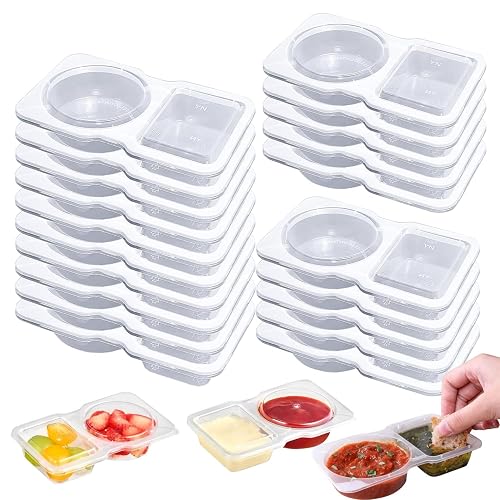 Divetonira 20Pcs Reusable Snack Containers with 2 Compartments – Leak-Proof Double Compartment Snack Pots, Portable Snack Boxes for School, Work, Travel, Lunch & On-The-Go Snacks